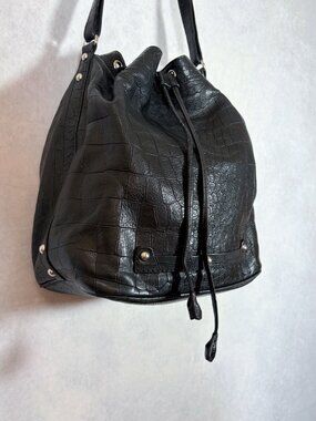Etienne Aigner Croc-Embossed Genuine Leather Shoulder Bag  Handbag Black
